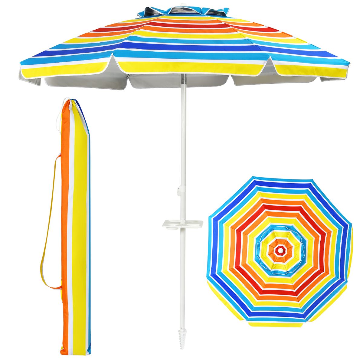 7.2-Foot Portable Outdoor Beach Umbrella with Sand Anchor & Tilt Mechanism - Beach Umbrella-Rainbow