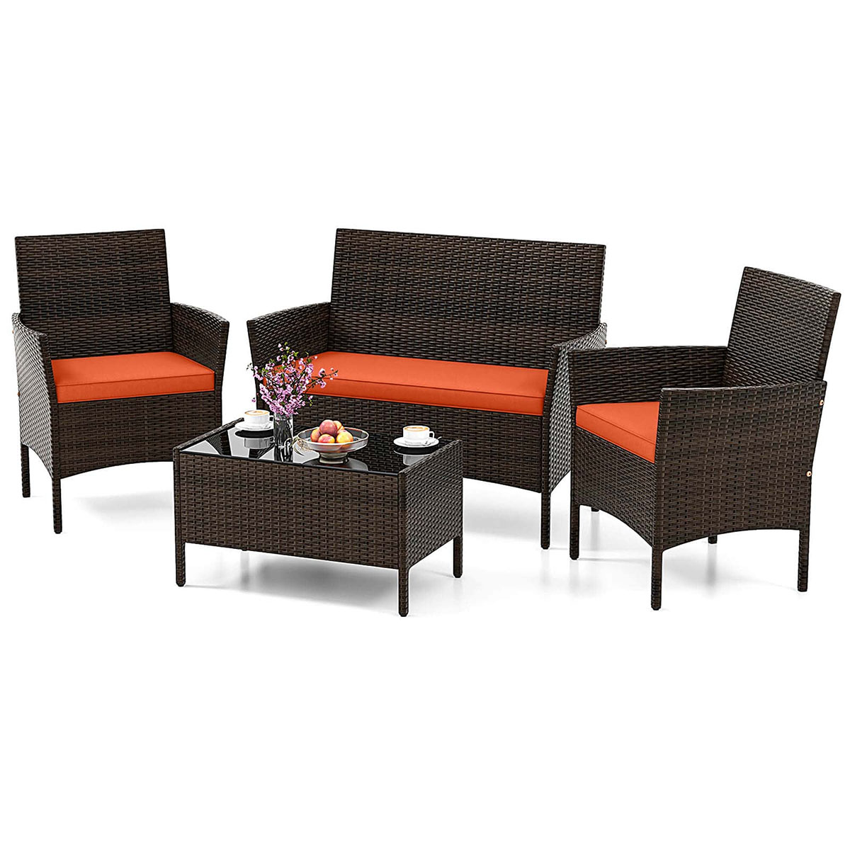 Photos - Garden Furniture Costway 4-Piece Patio Rattan Conversation Set  - Patio Furniture Set-Orange HCST06291 (8 Colors)