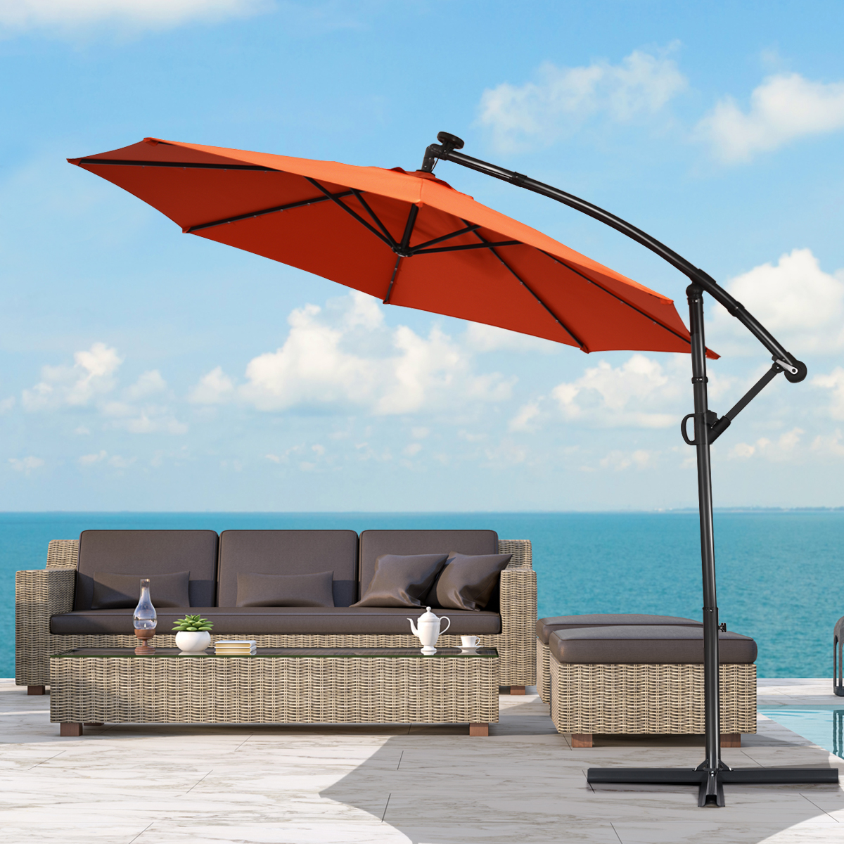 Photos - Parasol Costway 10-Foot 360-Degree Solar LED Patio Offset Umbrella - Umbrella Orange OP70282OR 