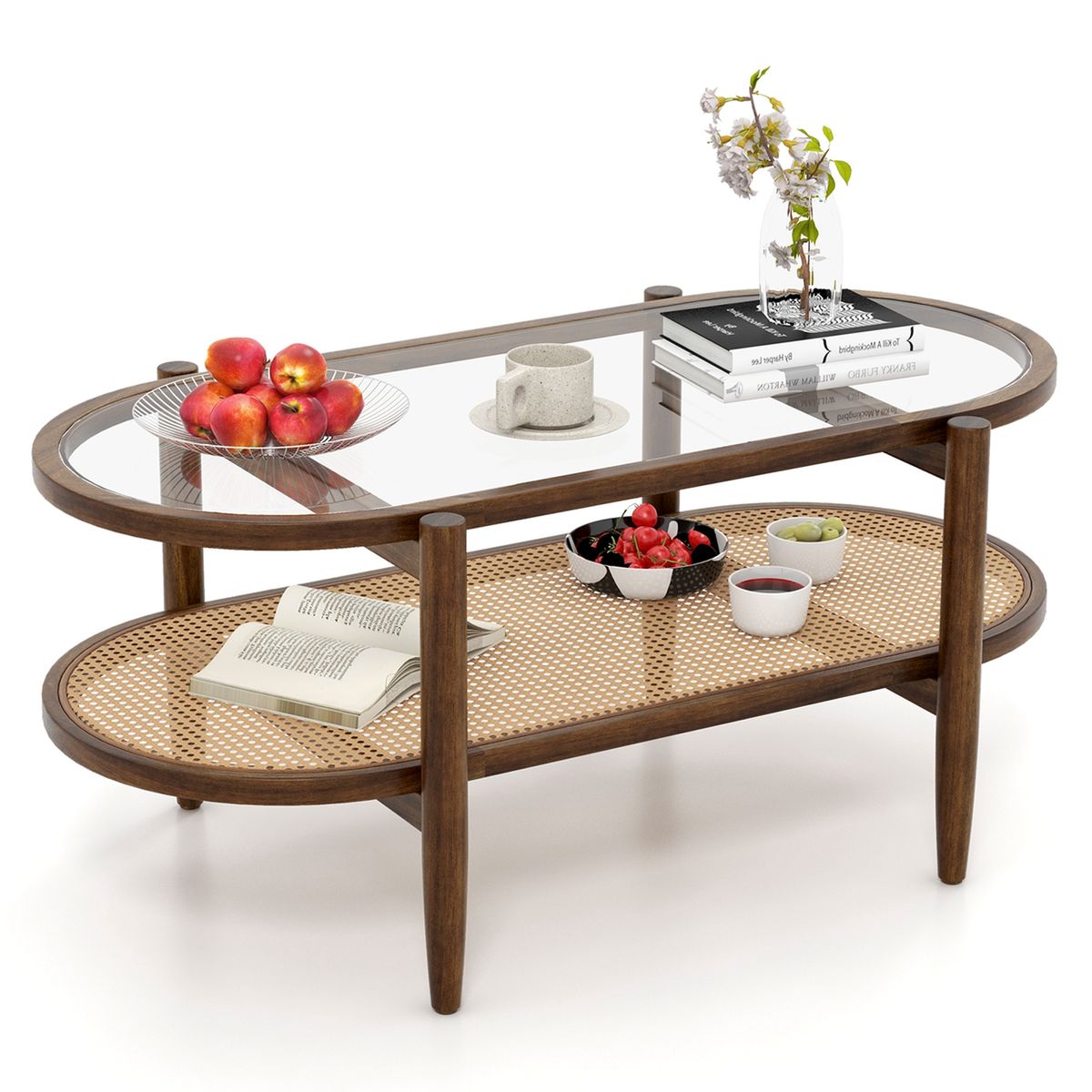 Photos - Dining Table Costway Mid-Century 2-Tier Coffee Table with Tempered Glass Top - Brown JV11279 