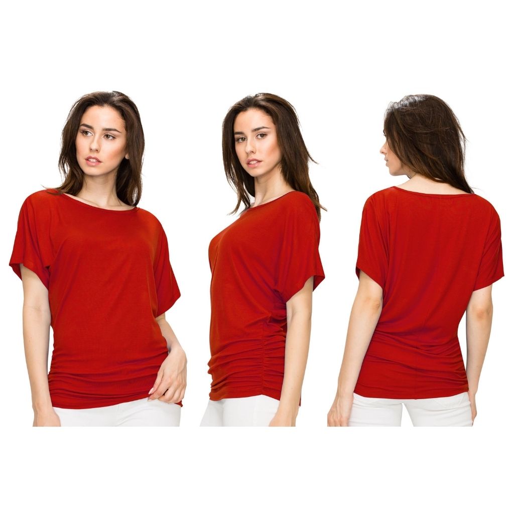 Women's Solid Short Sleeve Boat Neck V-Neck Dolman Top - RED / XXXL