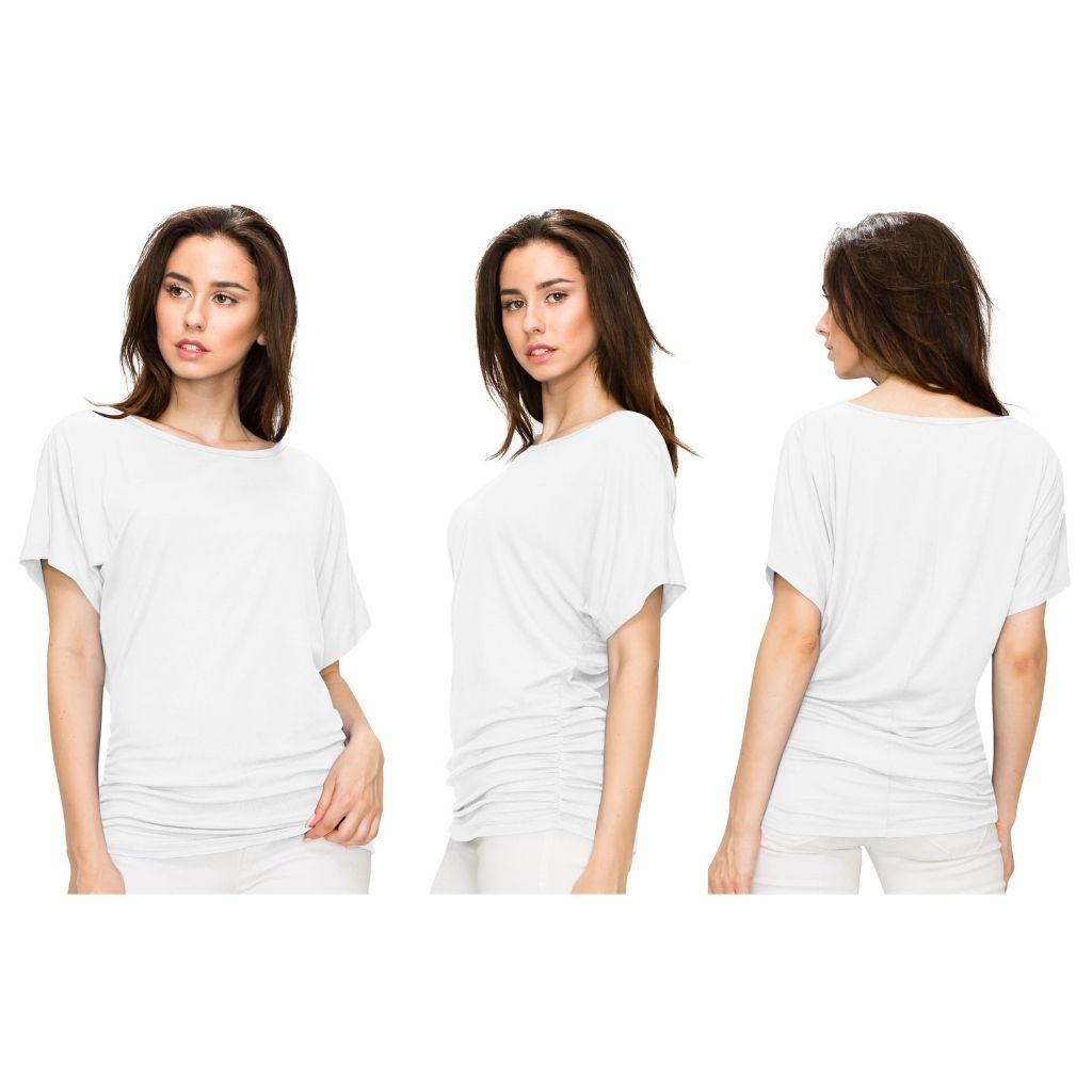 Women's Solid Short Sleeve Boat Neck V-Neck Dolman Top - WHITE / L