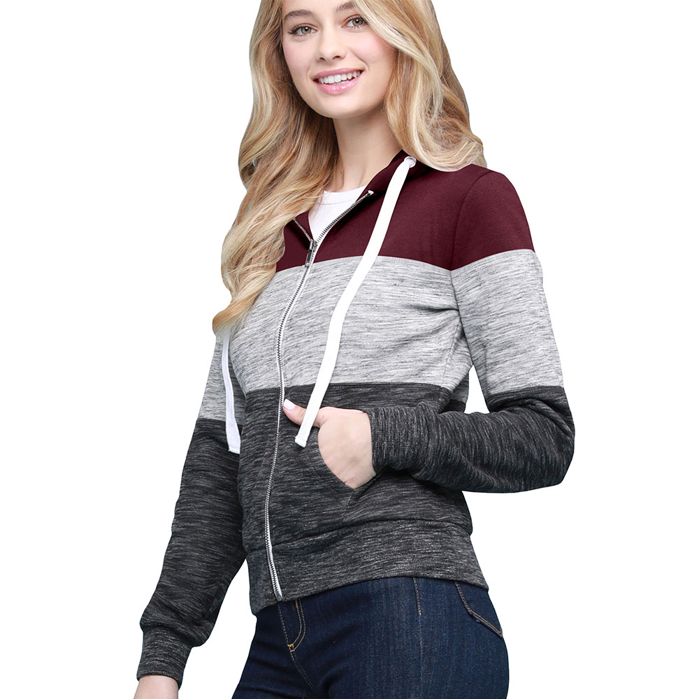 Women's Slim Fit Casual Zip-up Color Block Hoodie - BURGUNDY XL