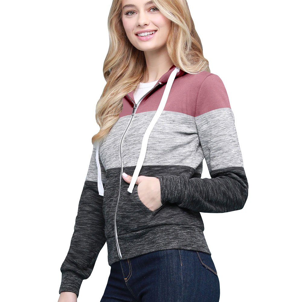 Women's Slim Fit Casual Zip-up Color Block Hoodie - MAUVE XXXL
