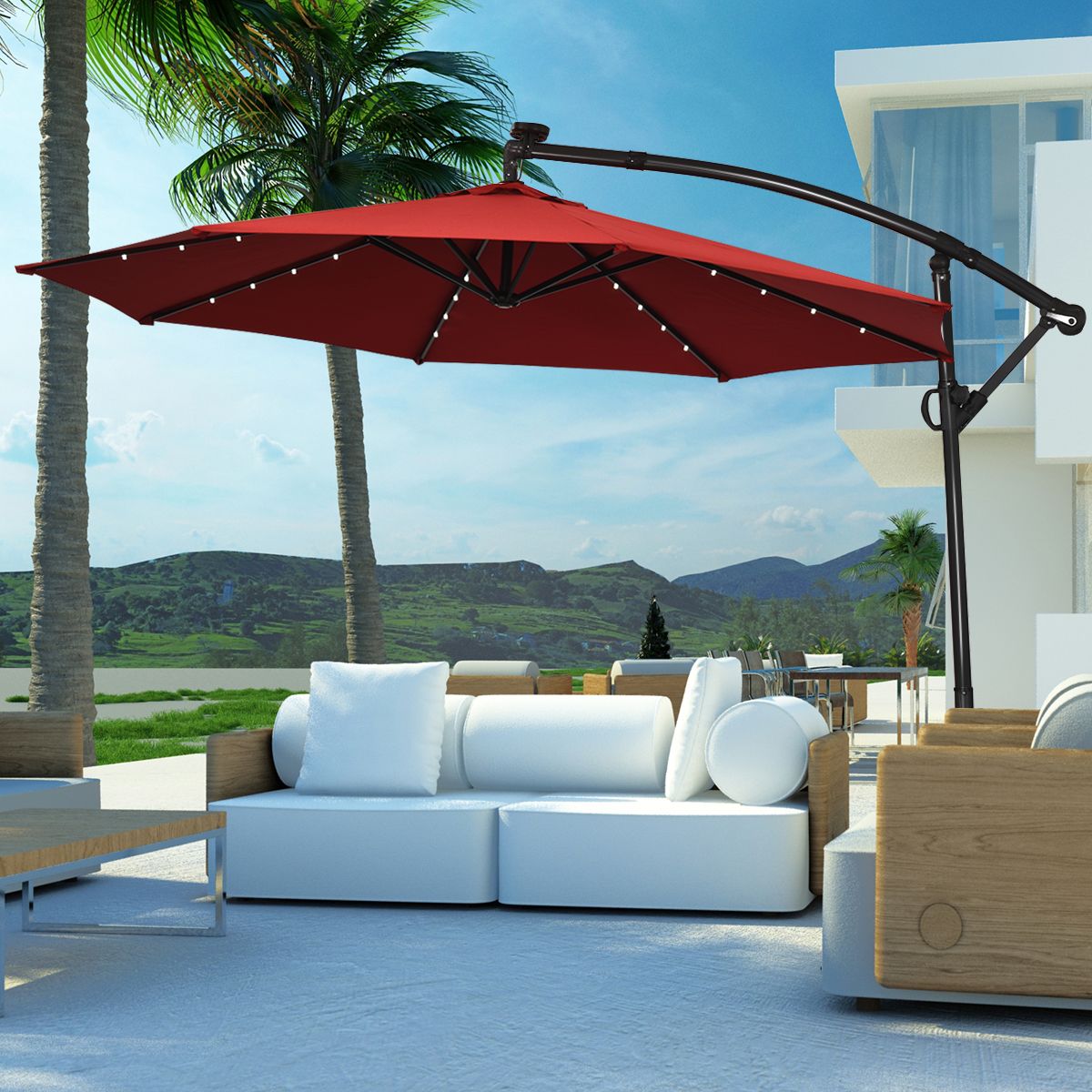 Photos - Parasol Costway 10-Foot 360-Degree Solar LED Patio Offset Umbrella - Umbrella Burgundy OP70282WN 