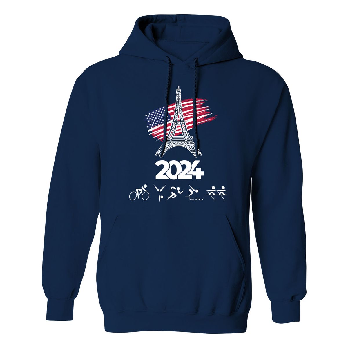 Men's Patriotic USA Pullover Hoodie - Paris 2024 Grunge Flag - Navy / M