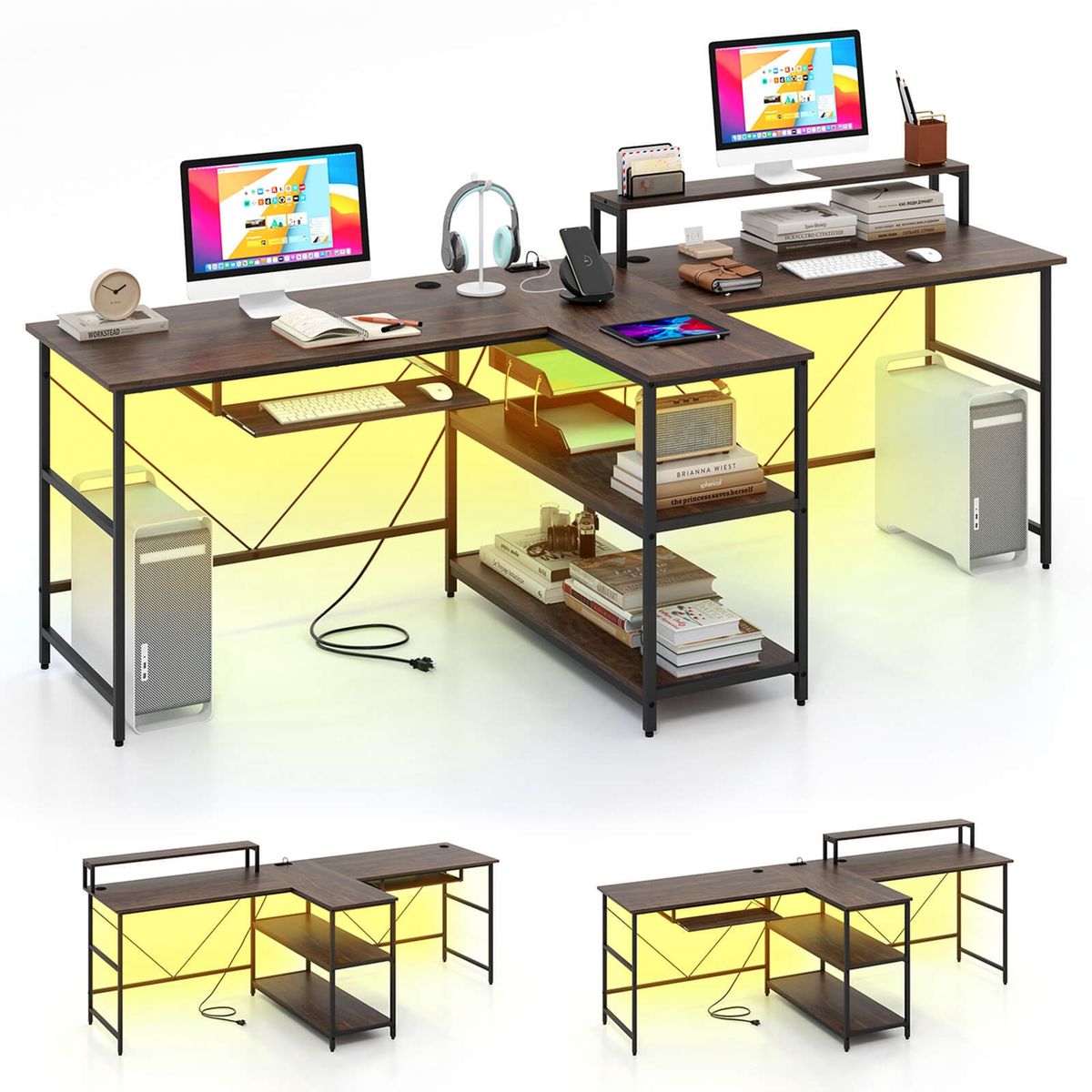 Photos - Office Desk Costway 94.5" 2-Person Reversible Computer/ with LED Lights - -Coffee HCST03150 