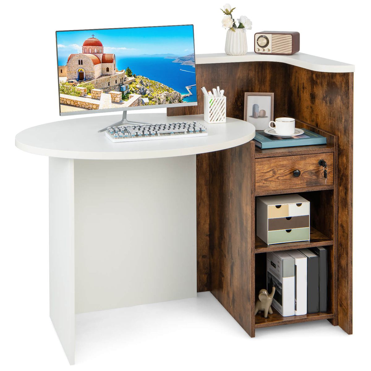 Photos - Office Desk Costway Counter Desk with Side Shelves - White Table with Brown Shelf HCST05824 