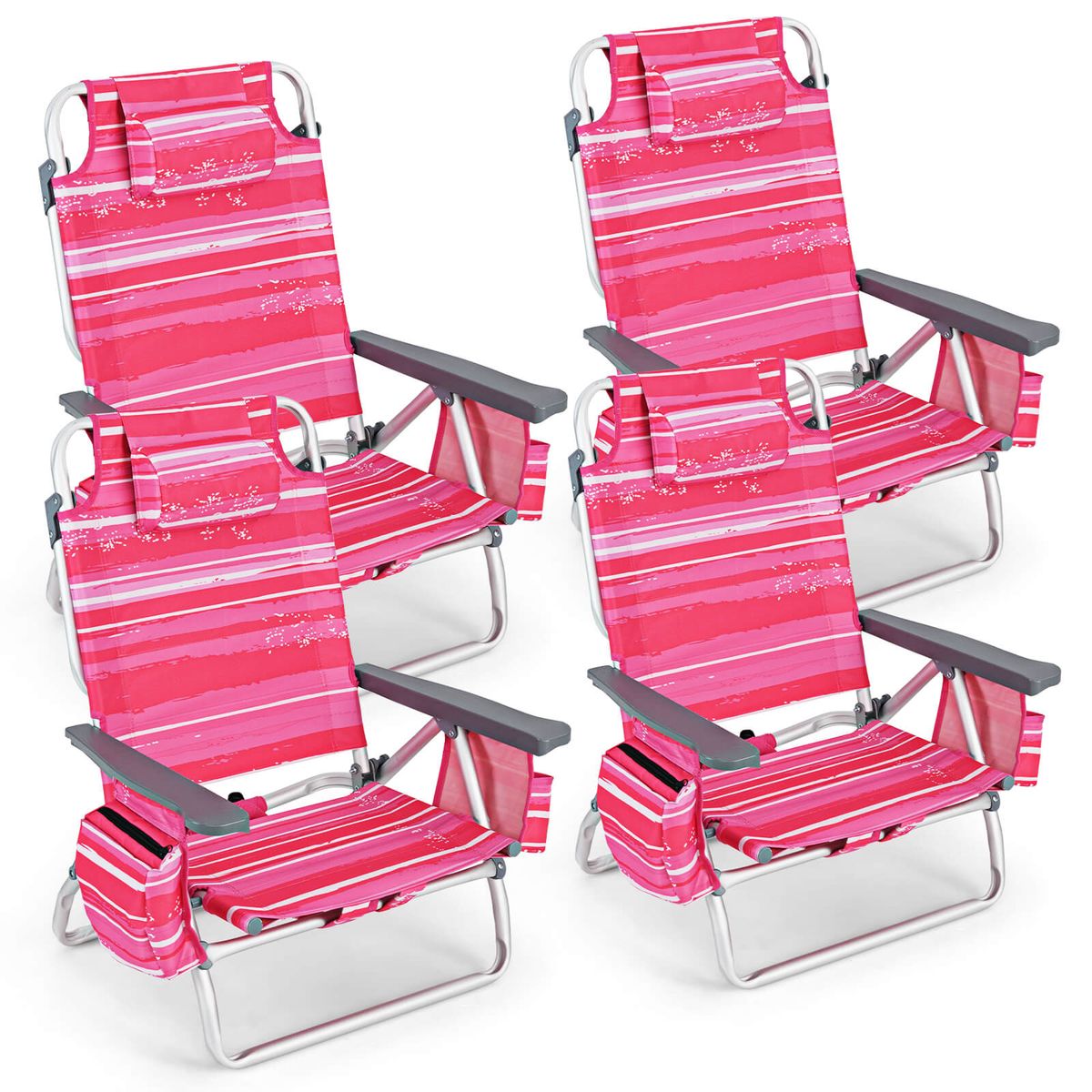 5-Position Outdoor Folding Backpack Beach Reclining Chair with Pillow (4-Pack) - 4Pcs Beach Chair-Dark Pink