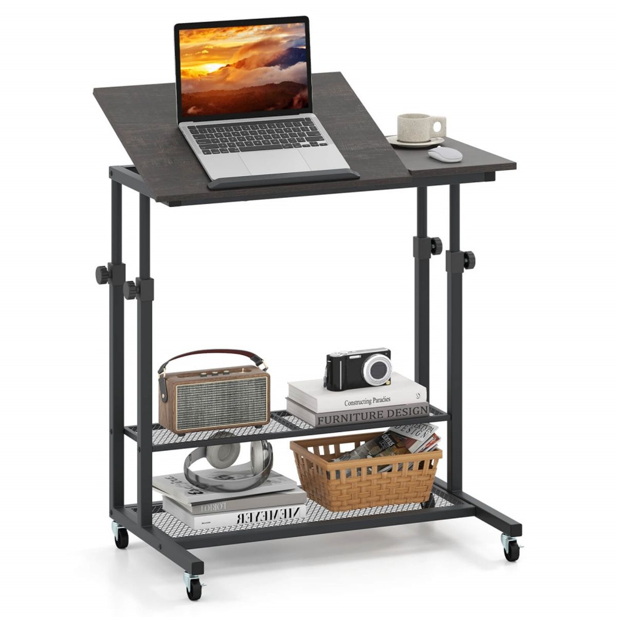Photos - Office Desk Costway Mobile Stand-Up Desk with Tilting Tabletop and Storage - Desk- Gray HCST07557 