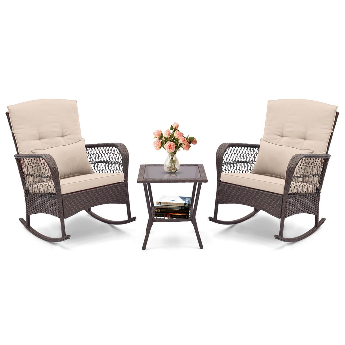 3- Piece Patio Rocker Set with Coffee Table - Patio Rocker Set-beige