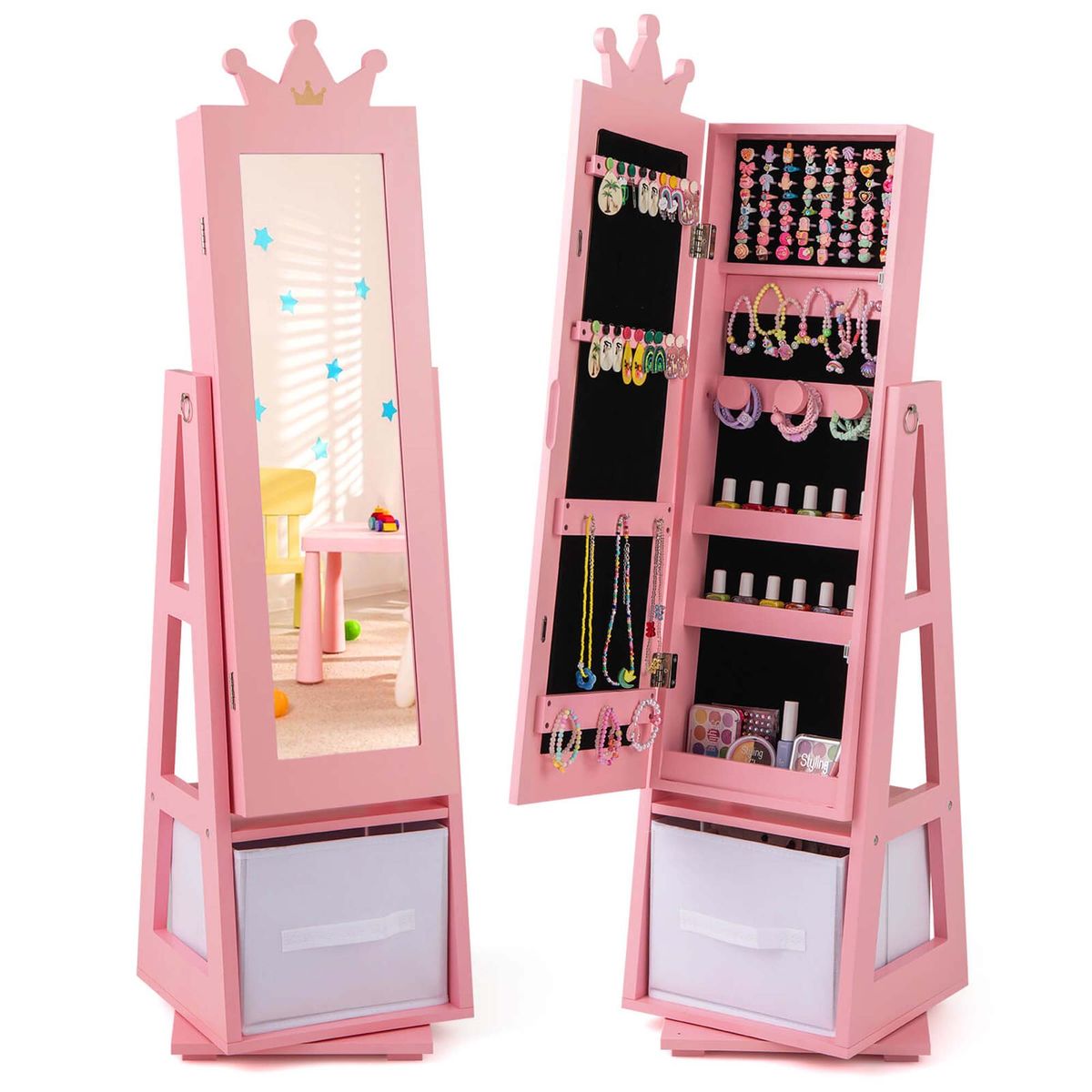 Photos - Wardrobe Costway Kids' Jewelry Armoire Cabinet with Large Storage Capacity & Swivel Base - Kids Jewelry -pink HCST04105 