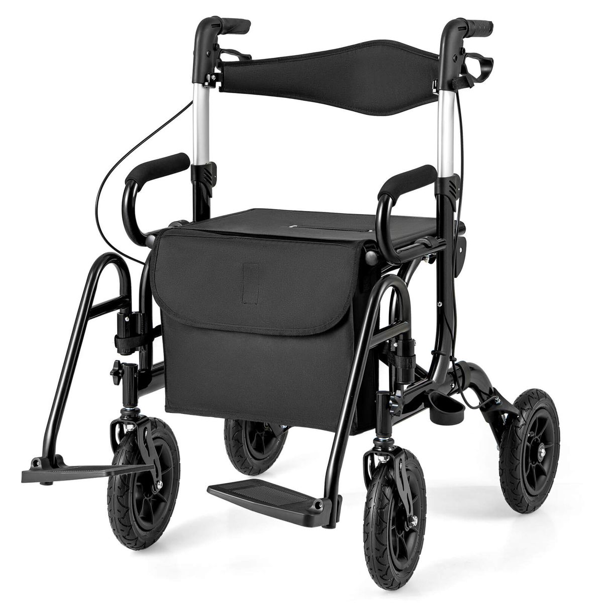 2-in-1 Rollator Walker with Detachable/Foldable Footrests - Black
