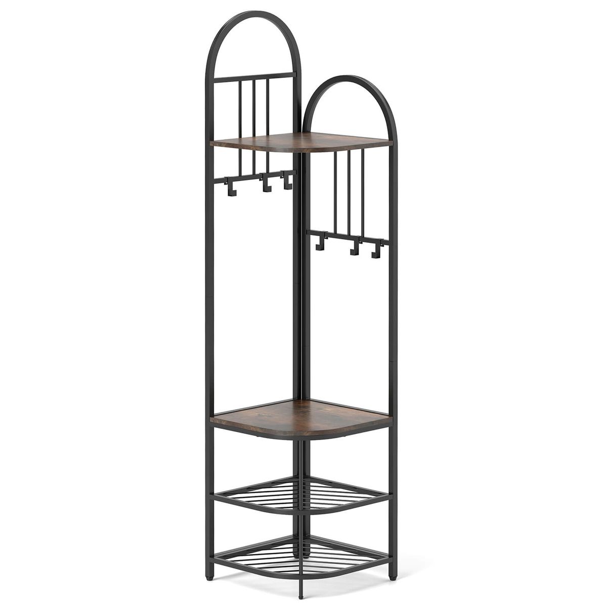 4-Tier Corner Coat Rack and Hall Tree with Shoe Storage Bench - 4-Tier Coat Rack-Brown