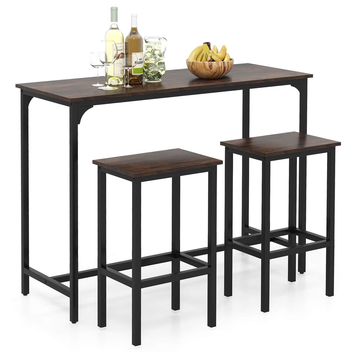 Photos - Dining Table Costway 3-Piece Counter Height Table Set with with Non-Slip Footpads - Table Brown HCST07613 