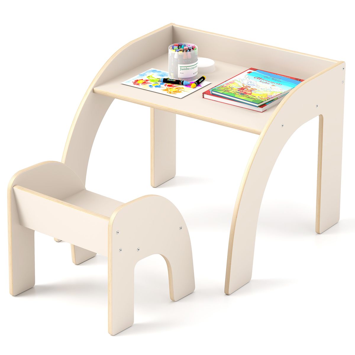 Photos - Office Desk Costway Kids' Table & Chair Set with Wide Tabletop & Curved Edges - Kids Desk -White HCST05326 