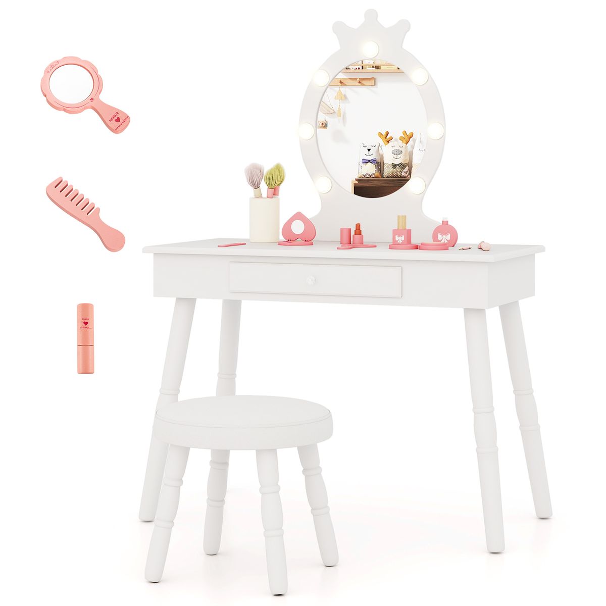 Photos - Role Playing Toy Costway Princess Vanity Table and Chair Set with Lighted Mirror - White HCST04234