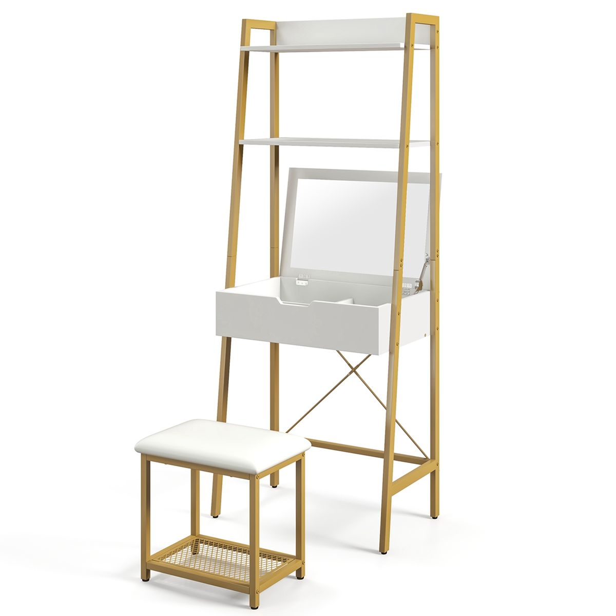 Photos - Wardrobe Costway Ladder Vanity Desk Set with Flip-Top Mirror and Cushioned Stool - Vanity Table-GD JV11144GD 