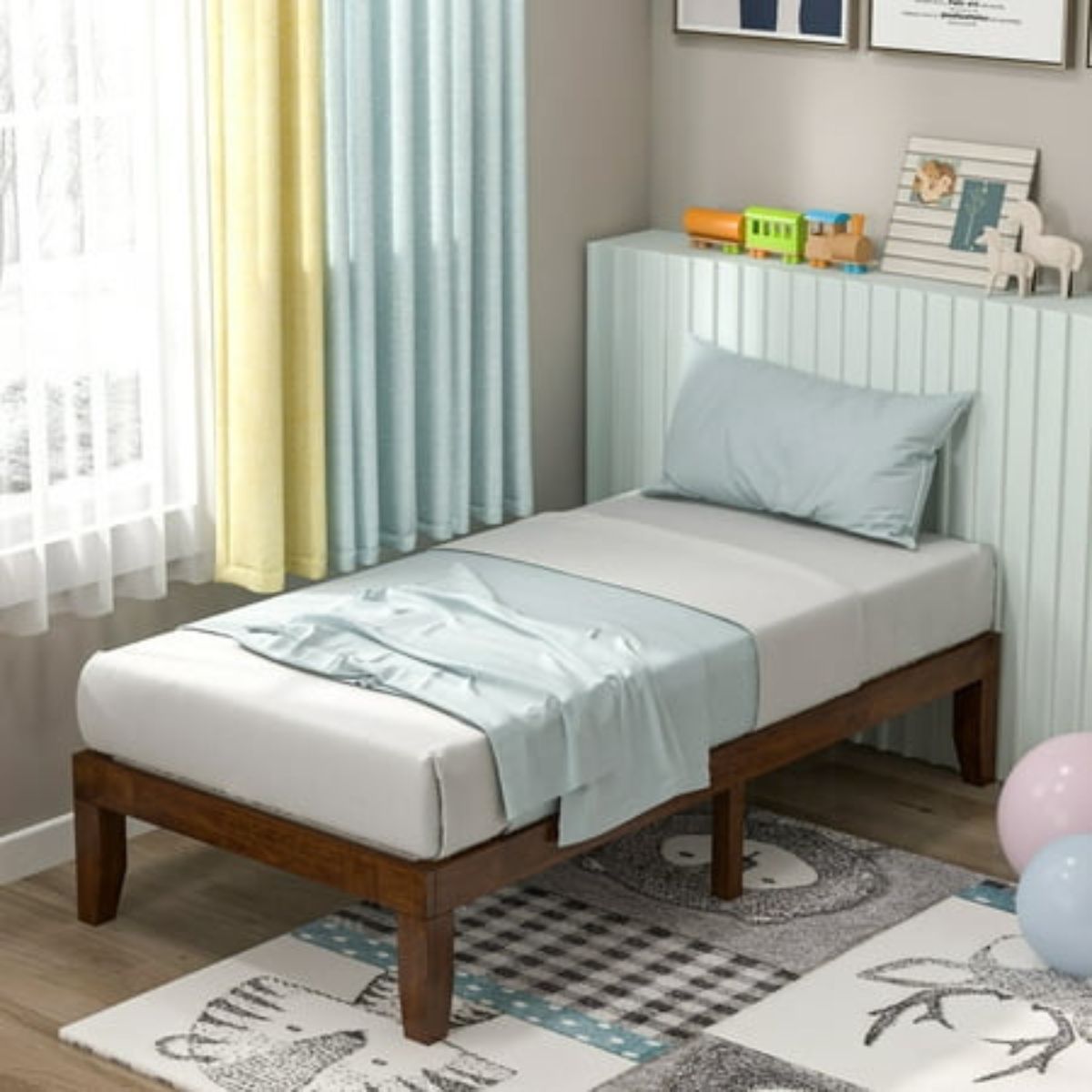 Photos - Bed Frame Costway 14'' Wooden   - Wooden Bed Brown HW63258CH (Twin)