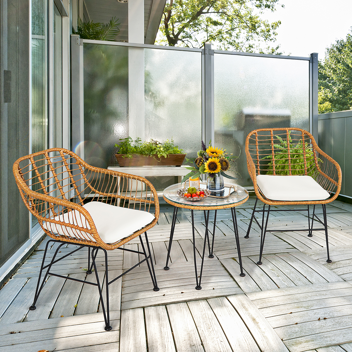 Photos - Garden Furniture Costway 3-Piece Patio Rattan Bistro Set with Cushions - Rattan Bistro Set WH OP70839WH 
