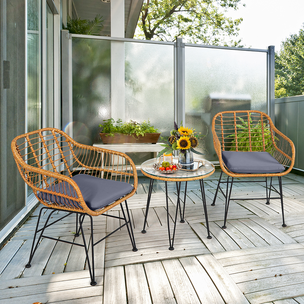 Photos - Garden Furniture Costway 3-Piece Patio Rattan Bistro Set with Cushions - Rattan Bistro Set GR OP70839GR 