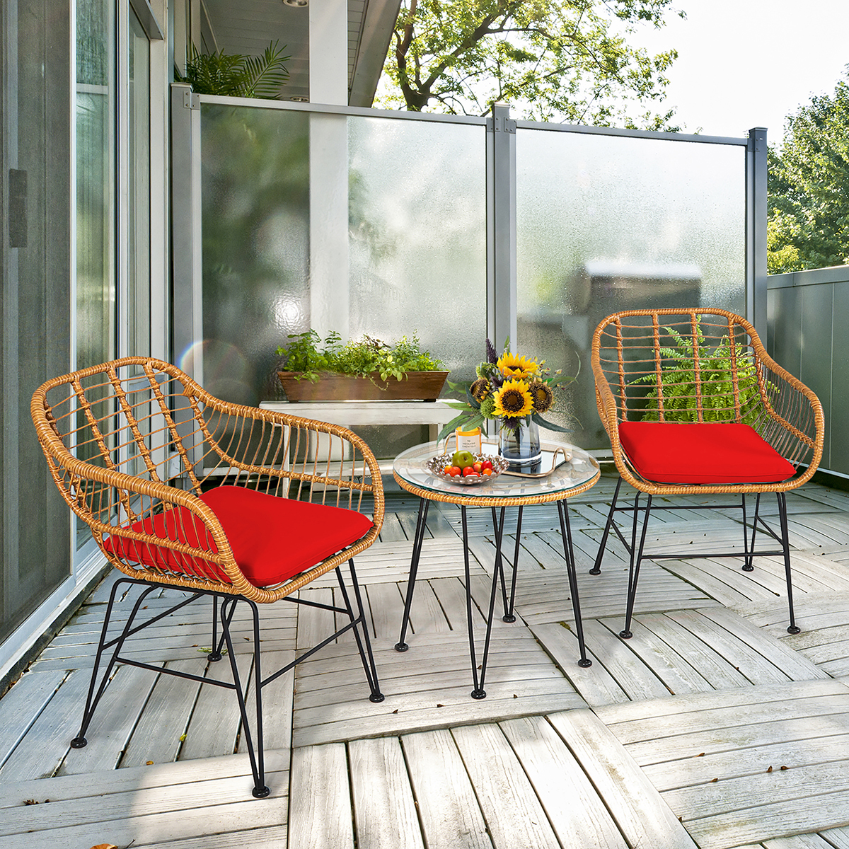 Photos - Garden Furniture Costway 3-Piece Patio Rattan Bistro Set with Cushions - Rattan Bistro Set RE OP70839RE 