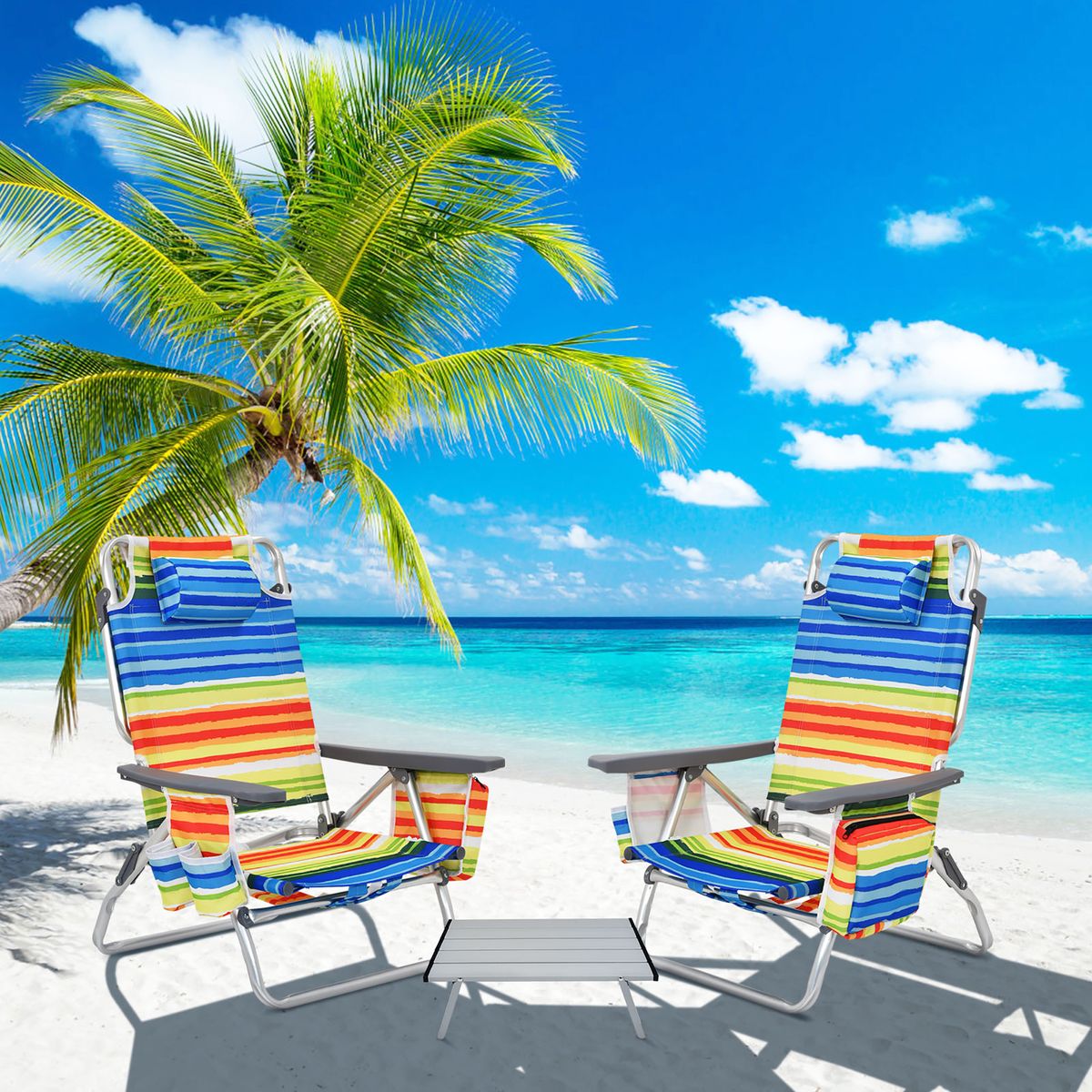 Adjustable Folding Backpack Beach Chairs and Table Set  - Yellow/Orange Stripes