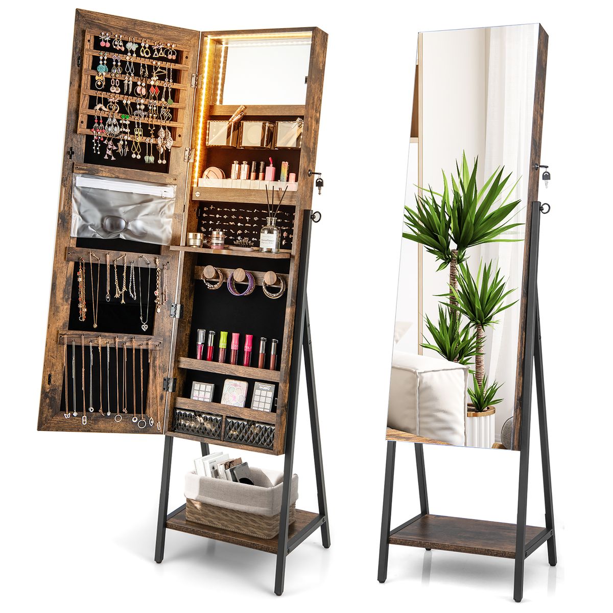 Photos - Wardrobe Goplus Freestanding Jewelry Cabinet with Full-Length Mirror - Cabinet Lockable CF JV10432CF 