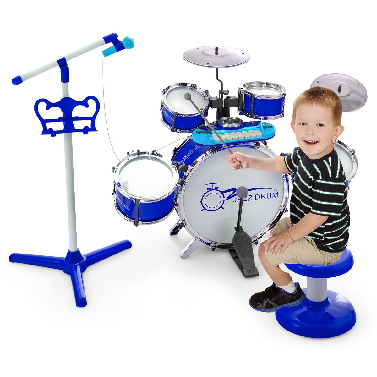 Kids' Jazz Drum Set with Mic Stand & Mini Keyboard - Jazz Drum Set-Blue