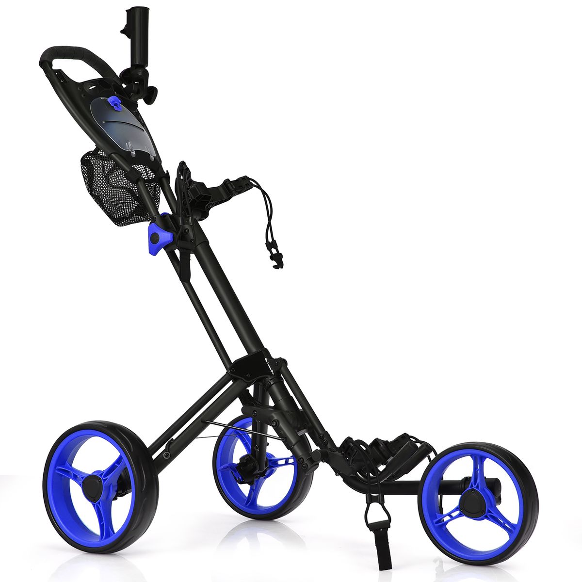 3-Wheel Folding Golf Push Cart with Brake, Scoreboard, & Adjustable Handle - Golf Push Cart Blue