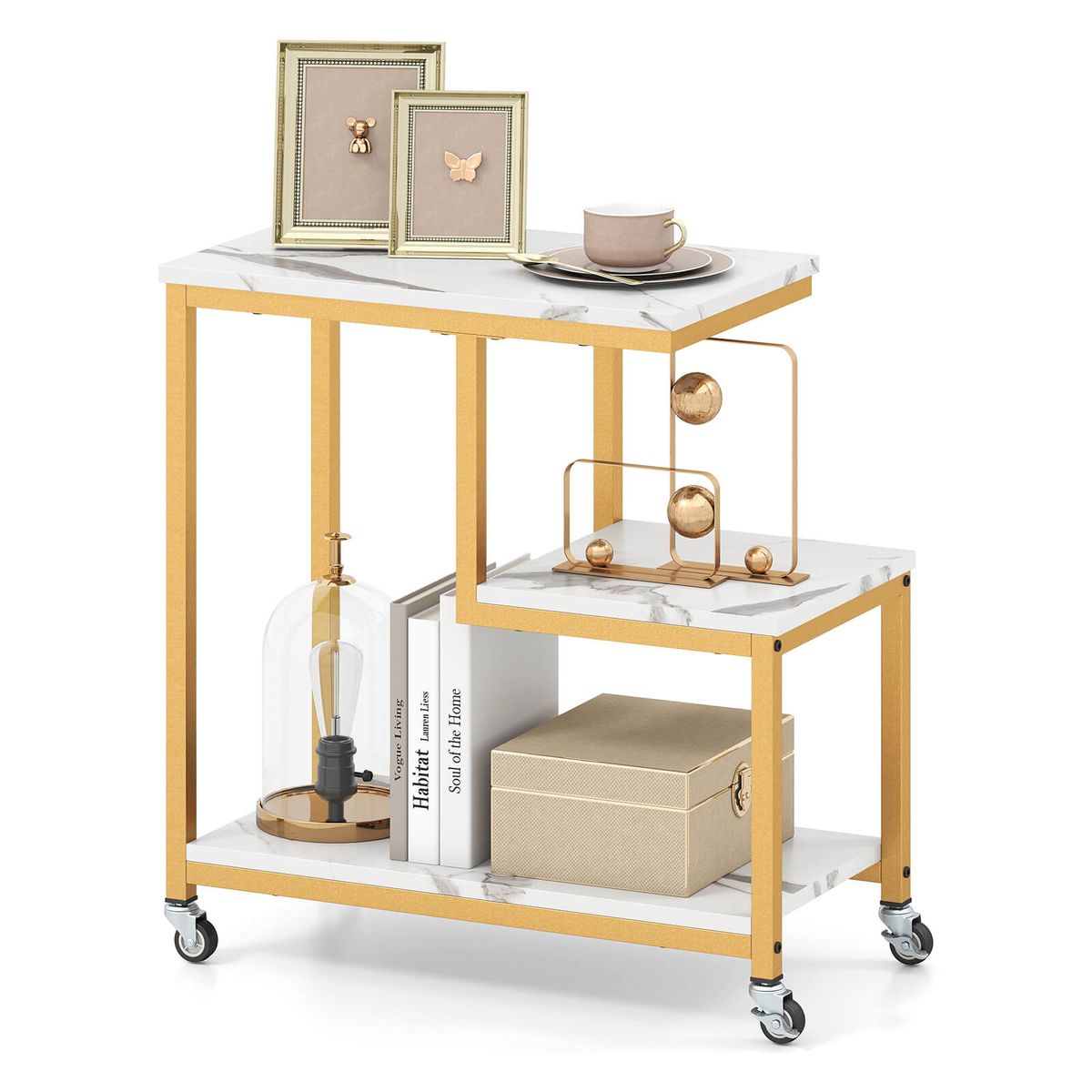 Modern G-Shaped 3-Tier Side Table with Locakable Casters - White- 2-Pack