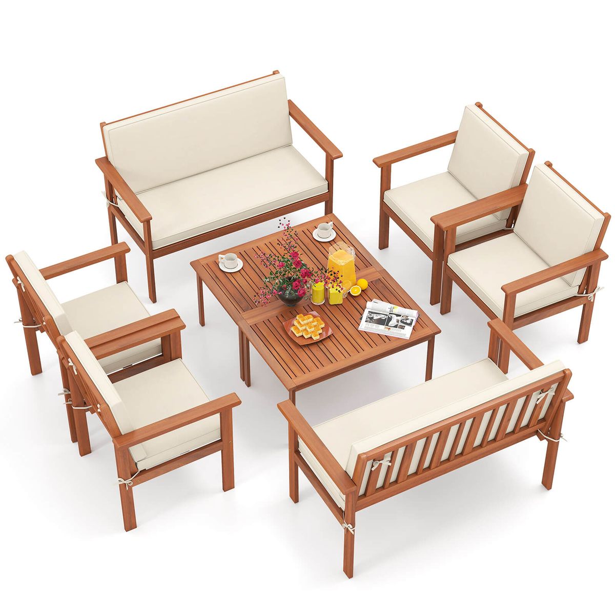 Acacia Wood Conversation Set with Seat and Back Cushions (4- or 8-Piece Set) - Conversation Set-8