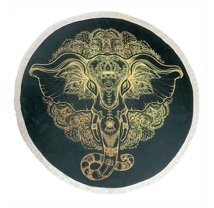 Round 61"" Diameter Fringed Beach Towels - Black & Gold Elephant