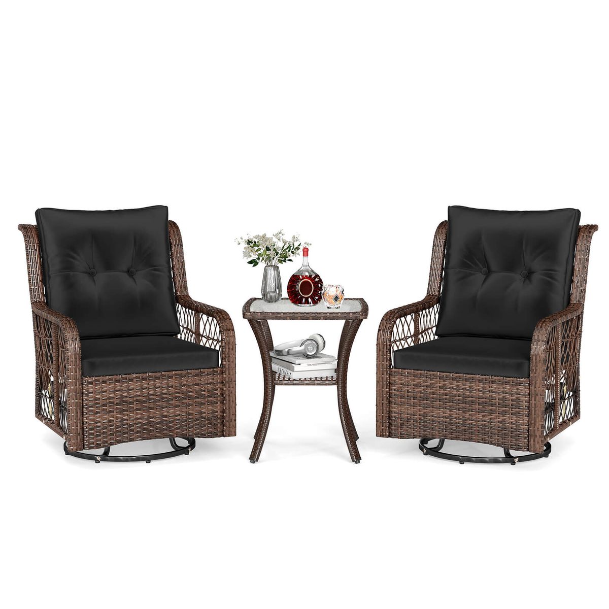 Photos - Garden Furniture Costway 3-Piece Patio Furniture Set with 2-Tier Side Table and Cushions - Black HCST08058