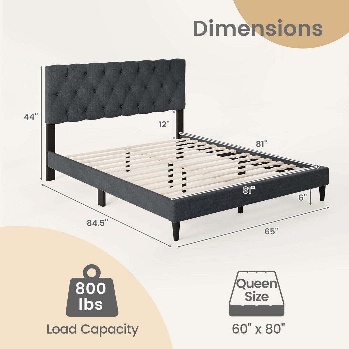 Bed Frame with Button-Tufted Headboard  - Queen