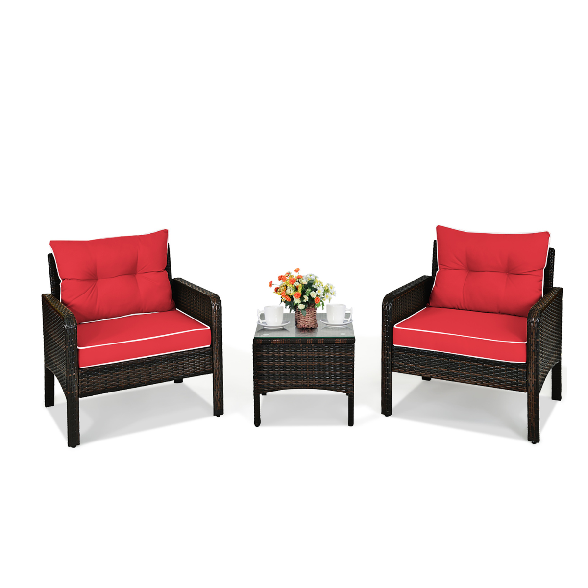 Photos - Garden Furniture Costway Cushioned Rattan 3-Piece Patio Furniture Set - Rattan Set- Red HW63760RE 