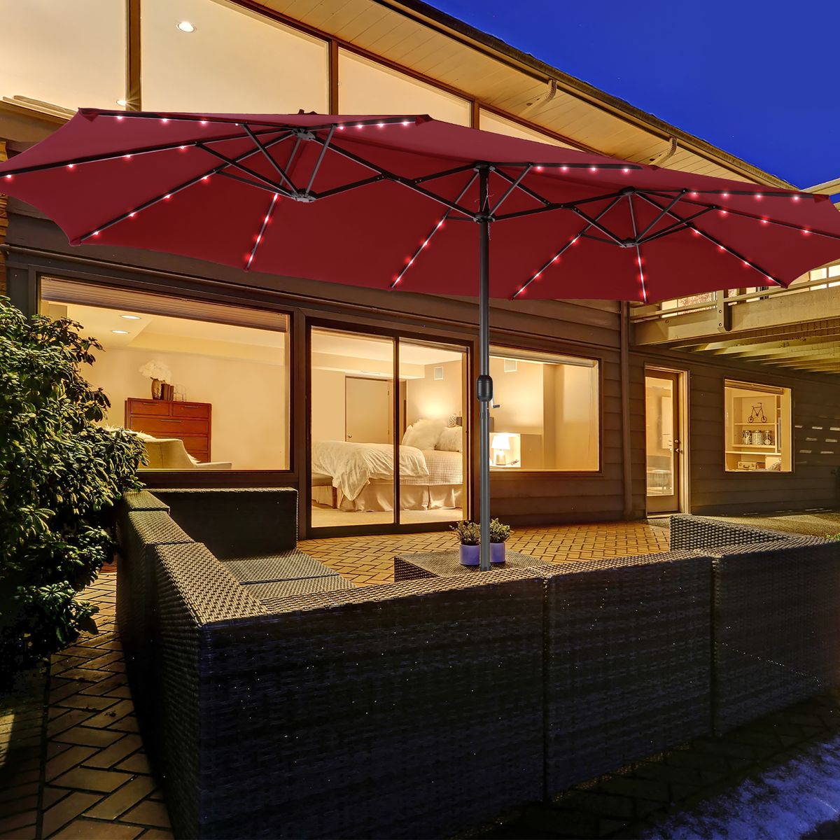 Photos - Parasol Costway 15-Foot Double-Sided Patio Umbrella with 48 Solar LED Lights - Wine NP10246WN
