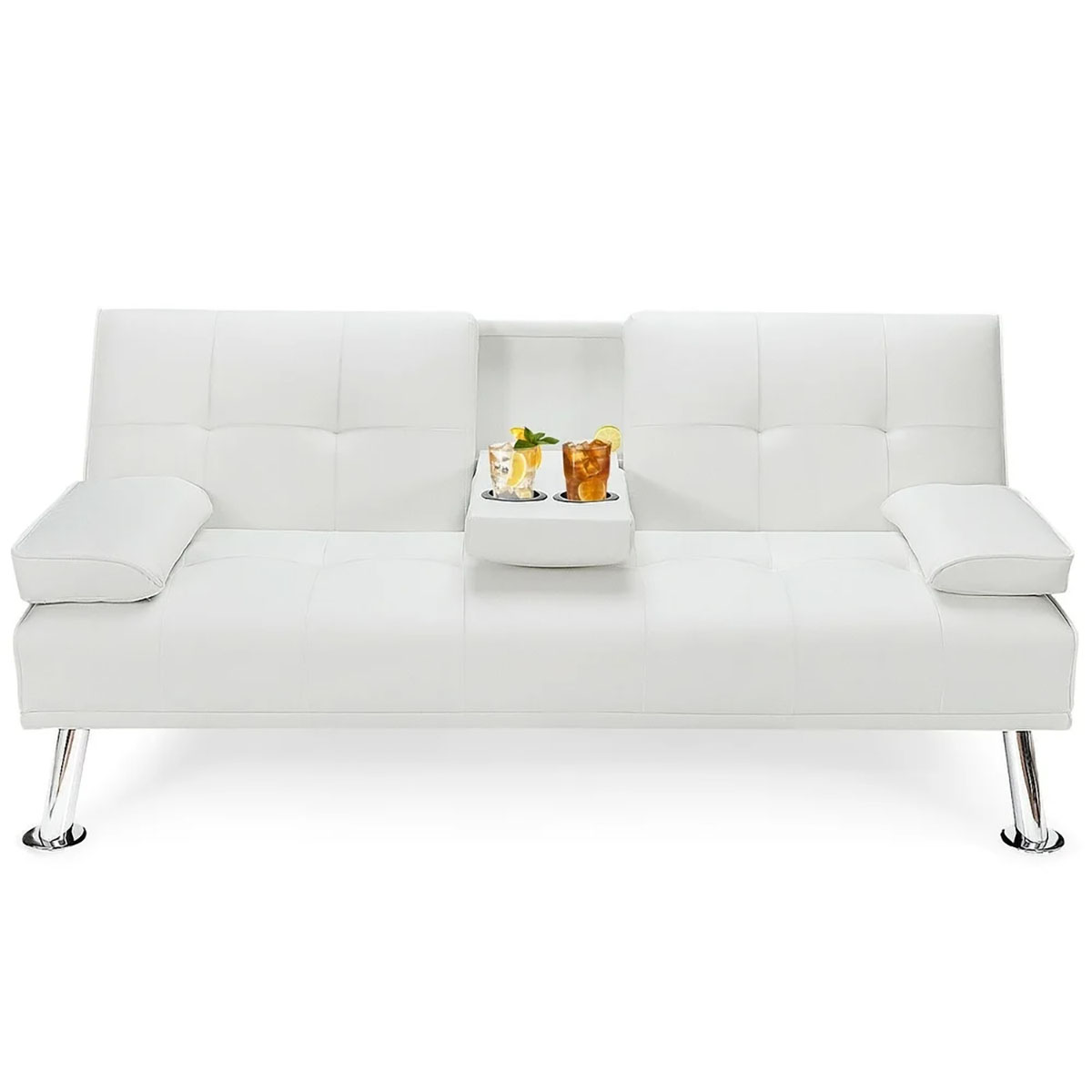 Convertible Folding Leather Futon Sofa with Cup Holders and Armrests - Sofa Bed WH