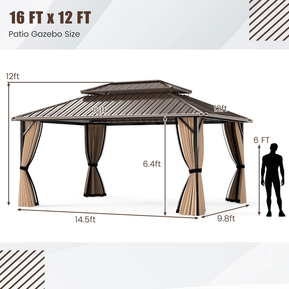 Photos - Tent Costway Hardtop Gazebo with Double Sidewalls - 16 x 12 FT HCST08464