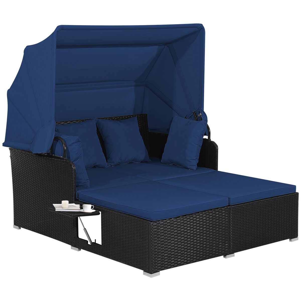 Patio Rattan Daybed Lounger with Retractable Canopy and Pop-up Side Tables - Navy