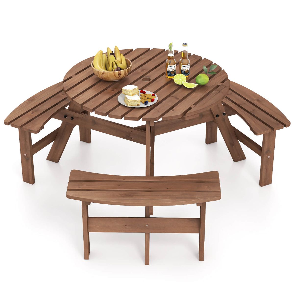 6-Person Round Picnic Table Set with Built-in Benches - Brown