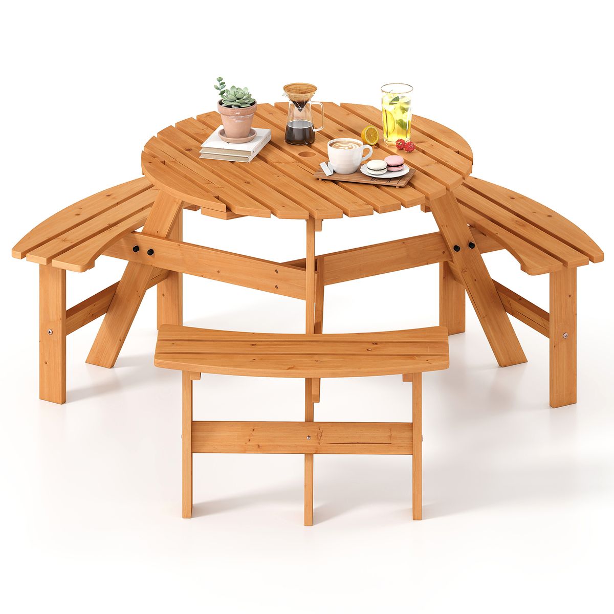 Photos - Garden Furniture Costway 6-Person Round Picnic Table Set with Built-in Benches - Yellow HCST07422 