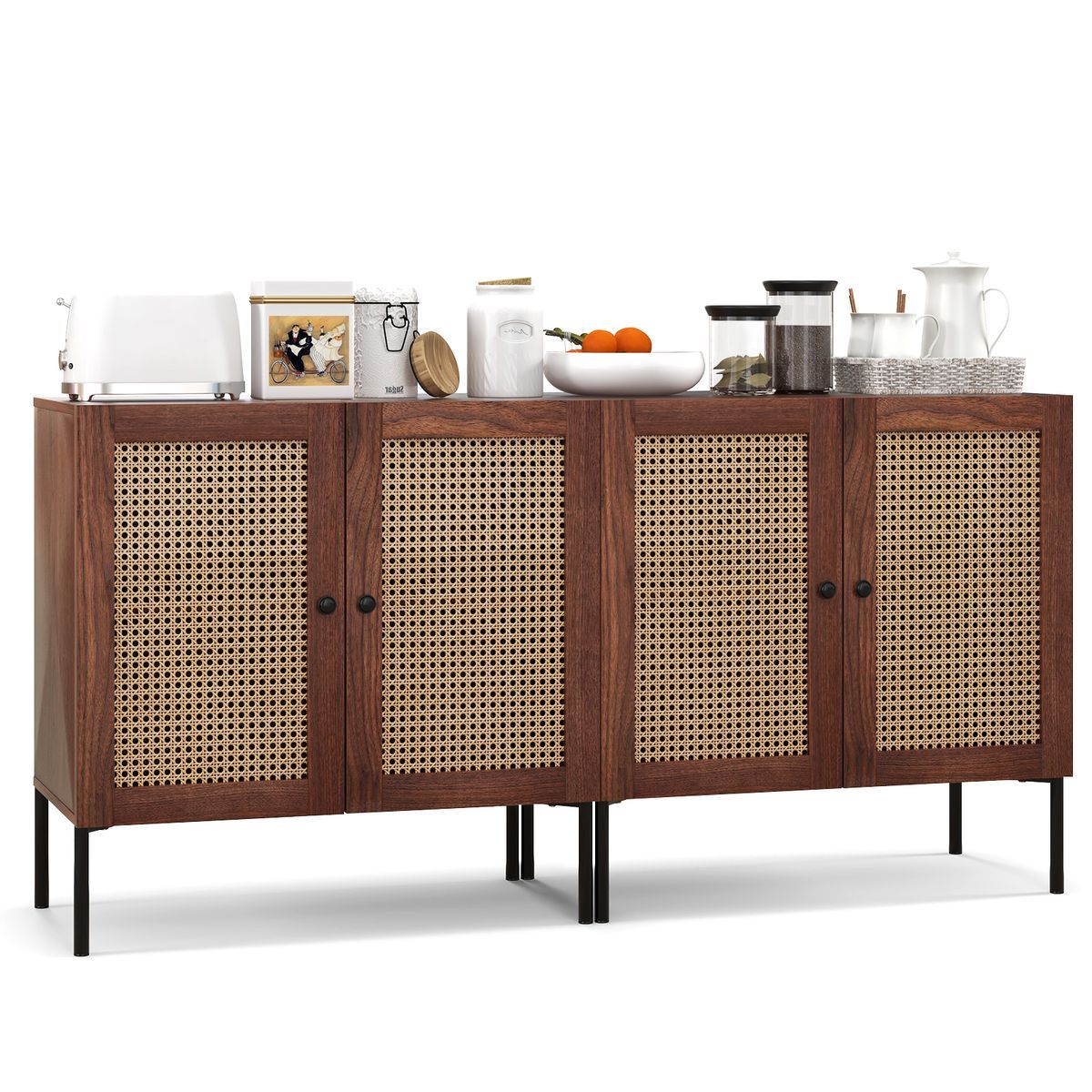 Rattan Buffet Sideboard Cabinet with Adjustable Shelf - Walnut- 2-Piece