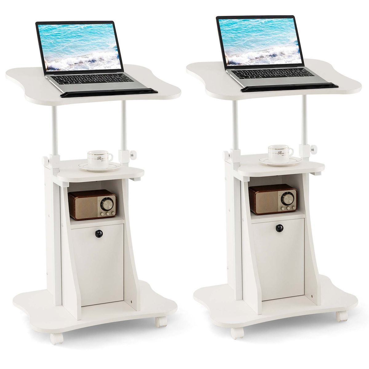 Photos - Office Desk Costway Height-Adjustable Sit-to-Stand Laptop Desk Cart with Storage - Laptop Cart-White 2-Pack HCST00804