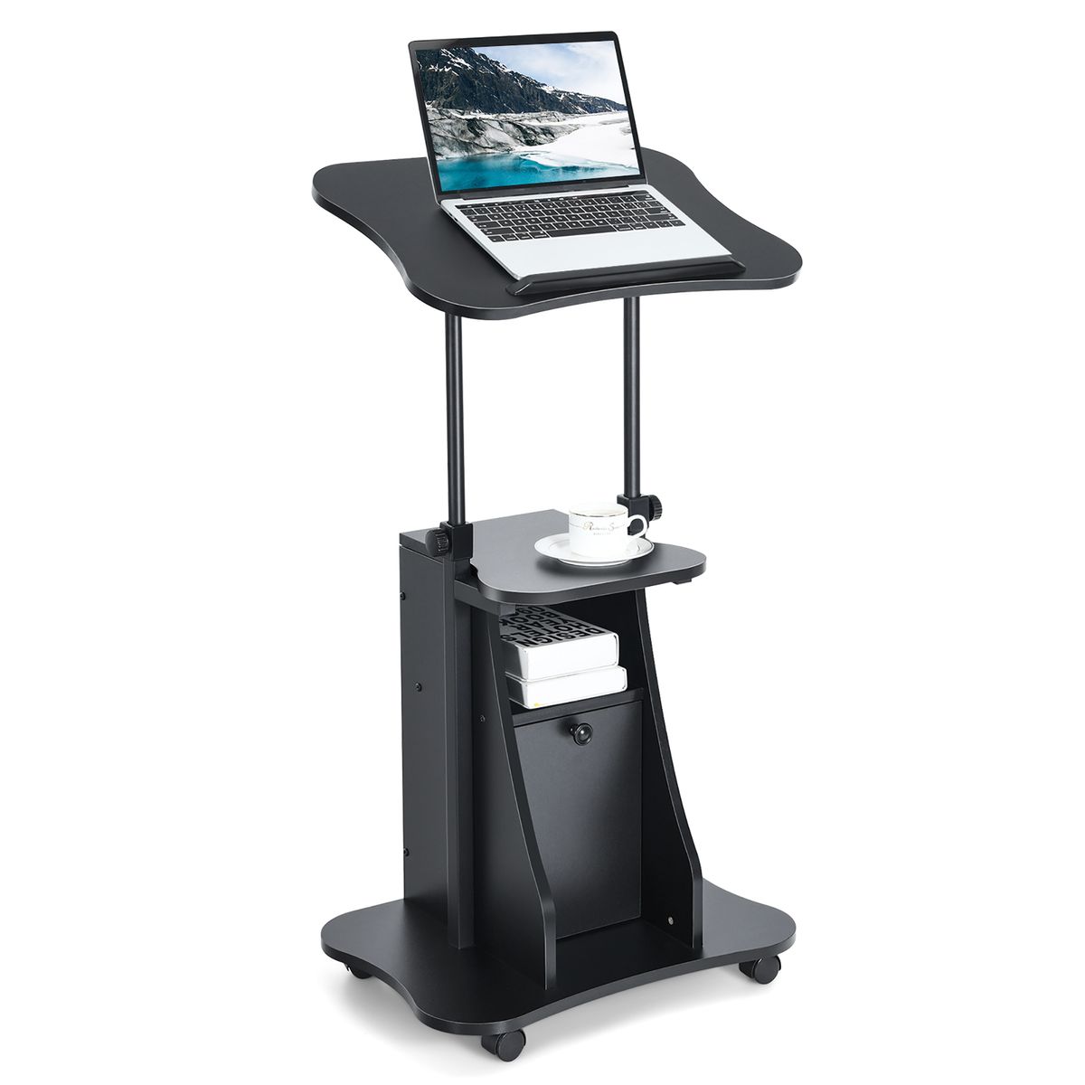 Height-Adjustable Sit-to-Stand Laptop Desk Cart with Storage - Laptop Cart-Black 1-Pack