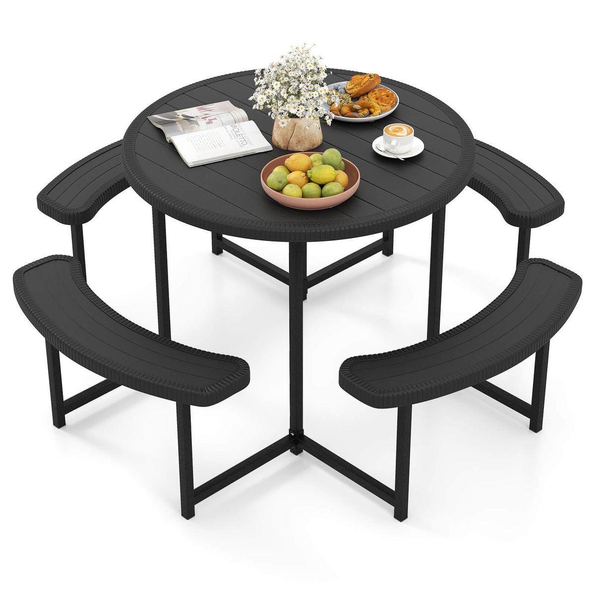 Round Picnic Table Set with 4 Curved Benches and 1.57"" Umbrella Hole - Table Bench-Black