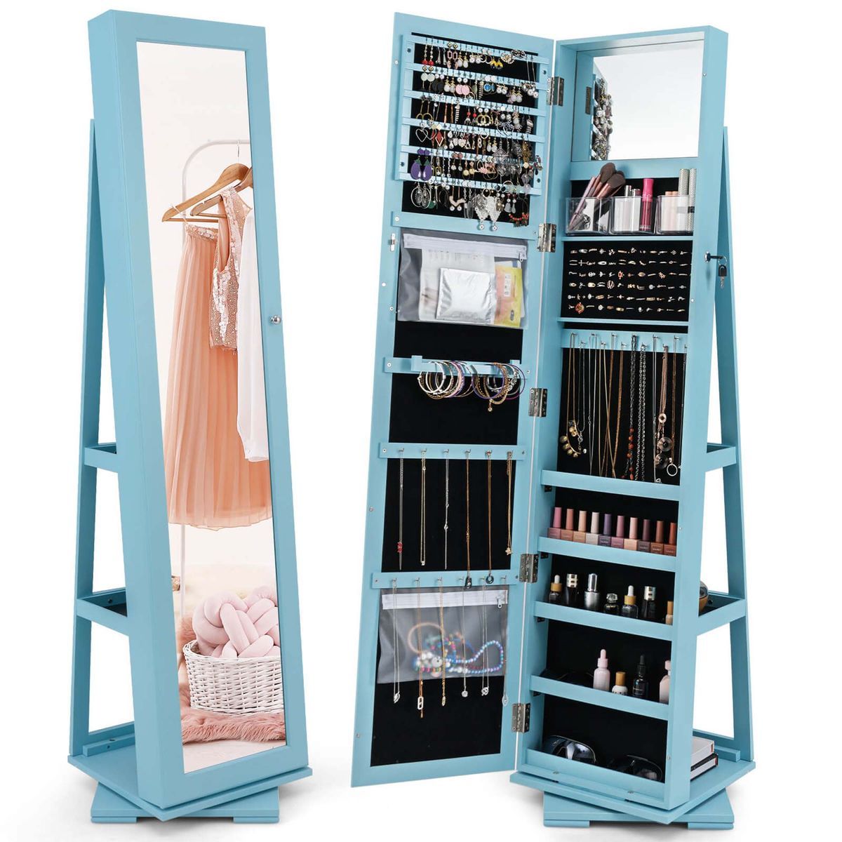Photos - Wardrobe Costway 2-in-1 Lockable Mirrored 360° Rotating Jewelry Armoire - Blue HCST06167-UNTIL