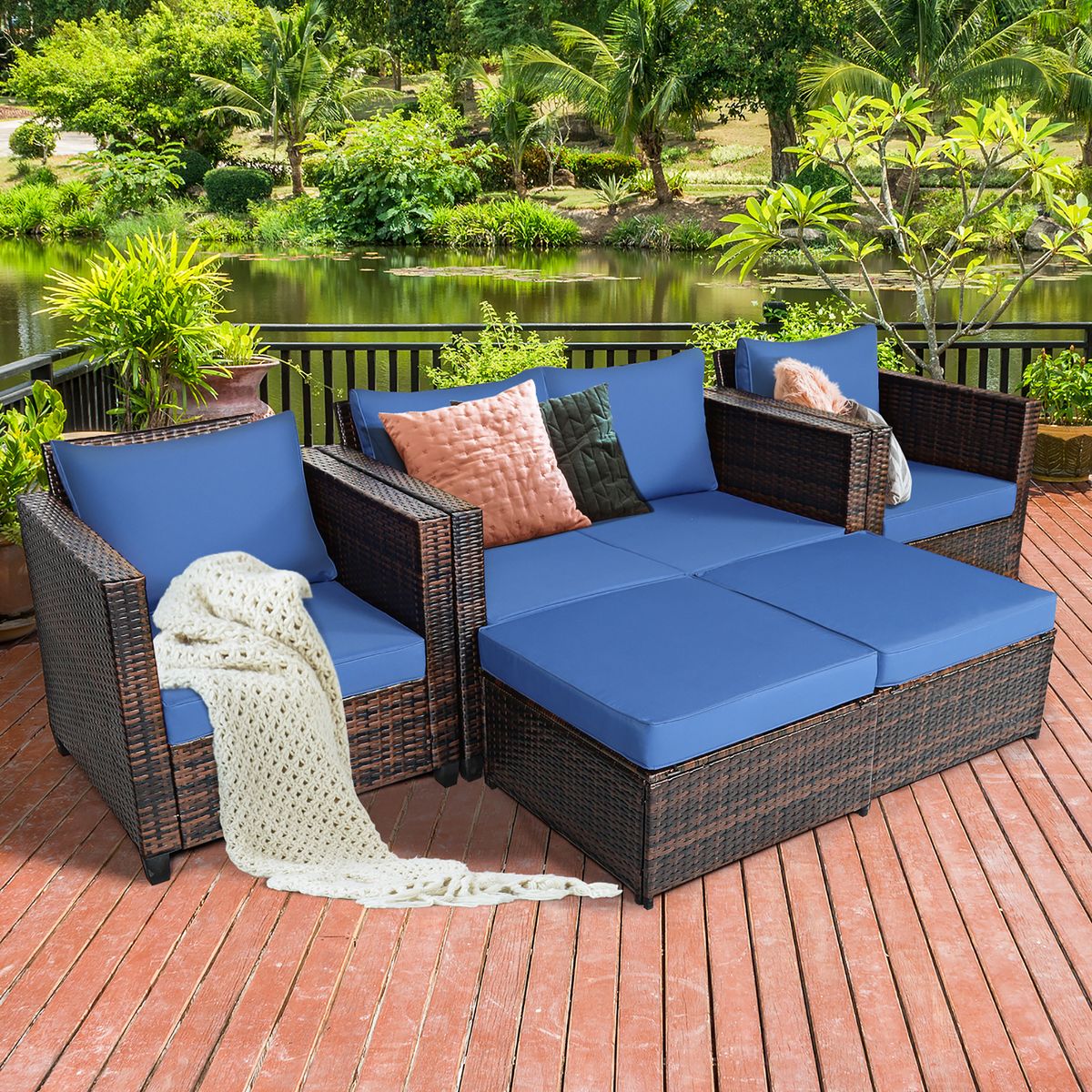 Photos - Garden Furniture Costway Rattan 5-Piece Cushioned Patio Set - Navy HW67697NY+-UNTIL 