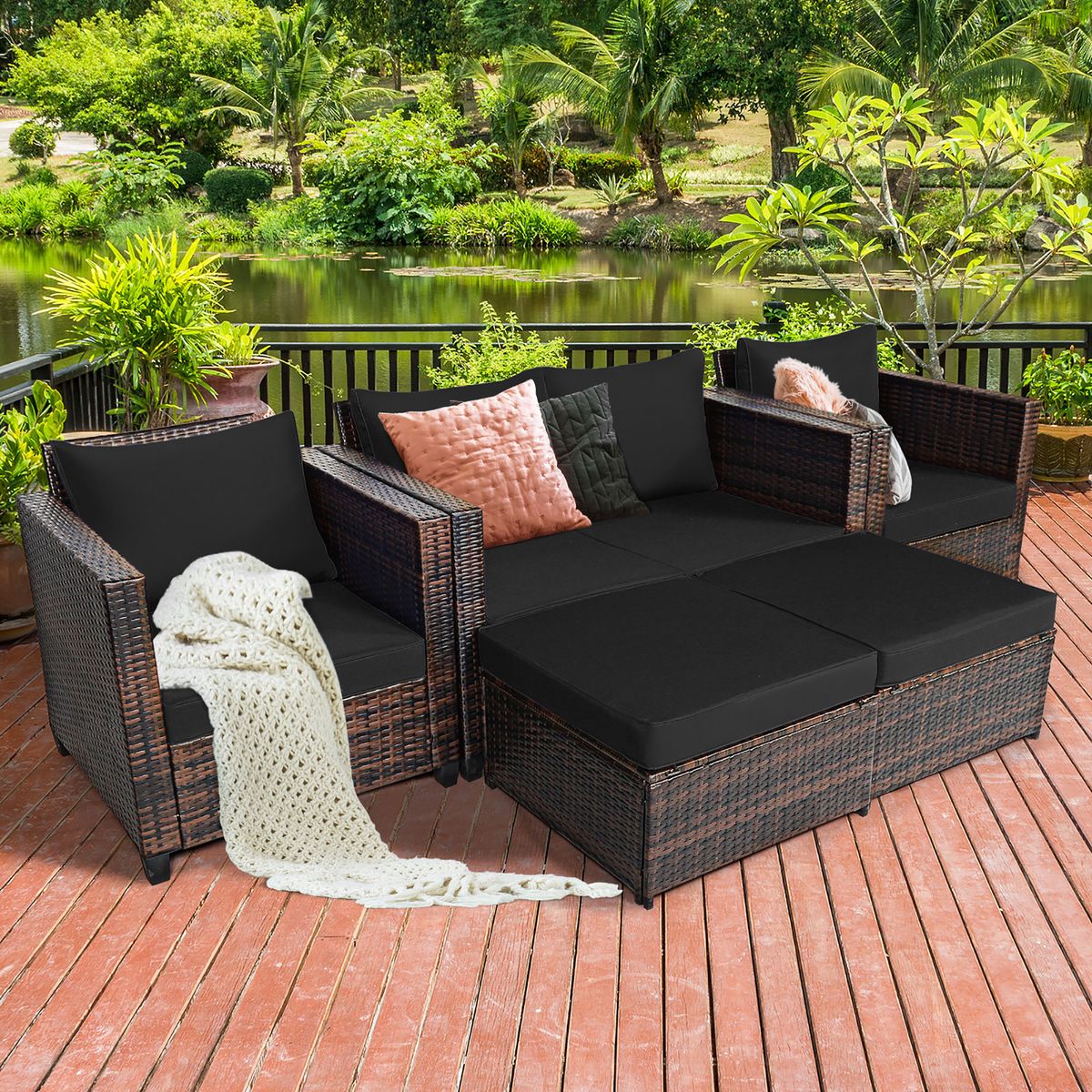 Photos - Garden Furniture Costway Rattan 5-Piece Cushioned Patio Set - Black HW67697ABK+-UNTIL 