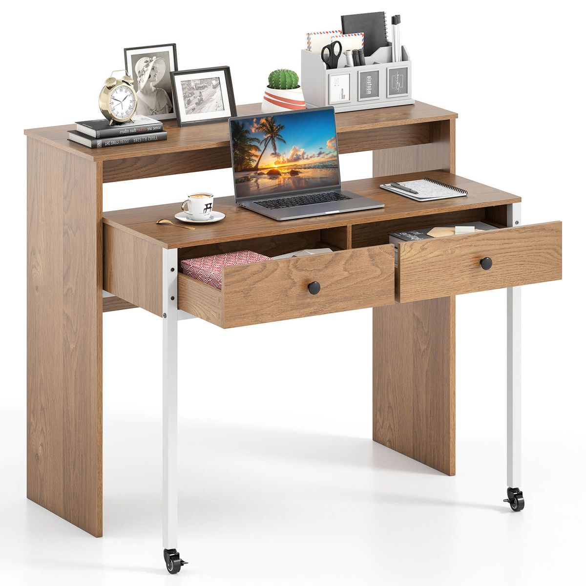 Photos - Office Desk Costway 39.5" Expandable Rolling Computer Desk with Monitor Shelf - Natural HWM000163 